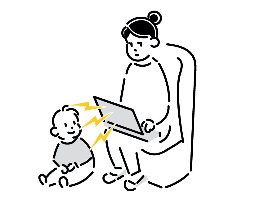 母の使用するパソコンが発する電磁波を浴びている子供のイラスト